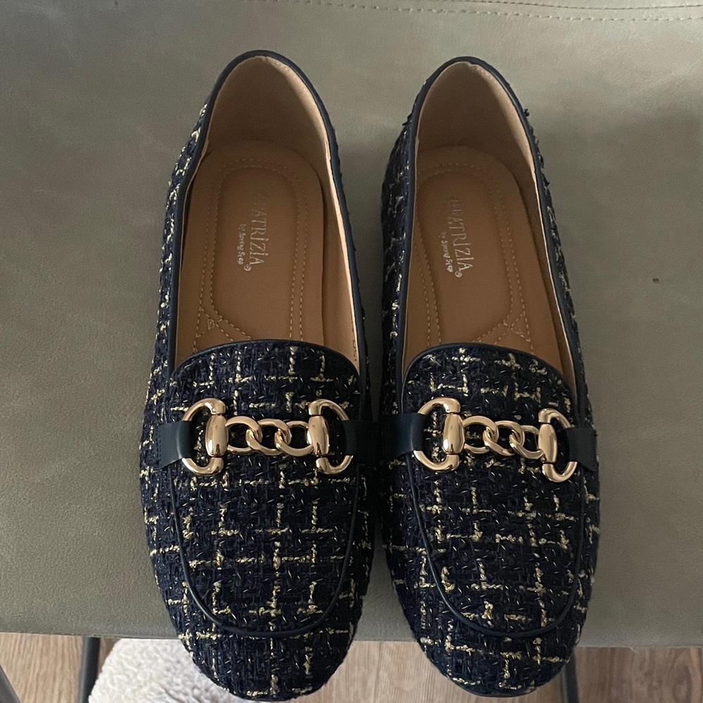 Women's Navy Tweed Chain-Accent Loafers